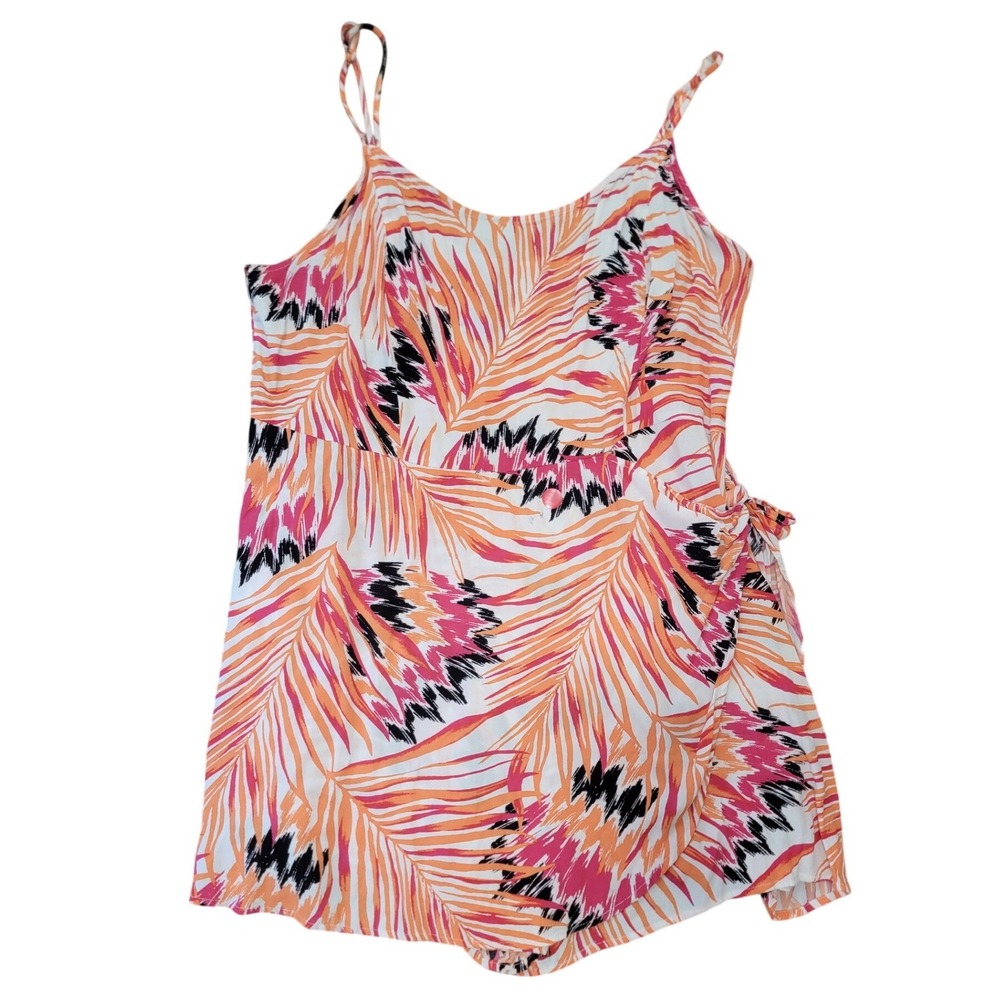 Forever 21+ Womens 3X Tropical Palm Leaf Print Wrap Front Romper Orange Pink